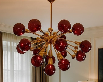 Mid-Century Modern Sputnik Chandelier, Brass & Red Glass, 6-Light