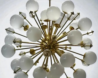 Mid Century Modern Sputnik Chandelier, Amber Glass Globes, Brass Starburst Light