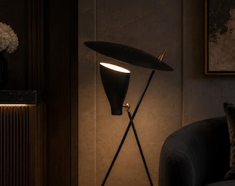 Lampe de table trépied noire Mid-Century moderne - Lampe de bureau de style atomique avec des touches de laiton