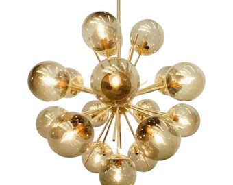 Mid Century Modern Sputnik Chandelier, Amber Glass Globes, Brass Starburst Light