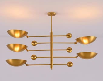 Lustre orbital en laiton brossé | Luminaire moderne Mid-Century à 5 lumières