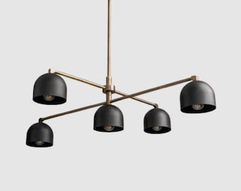 Mid Century Modern Chandelier | Black & Brass 6-Light Pendant, UL Listed