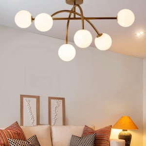 6 Light Aged Brass Flush Mount Pendant | Modern Mid Century Opal Glass Ceiling Light Fixture | Elegant Flush Chandelier for Living Room