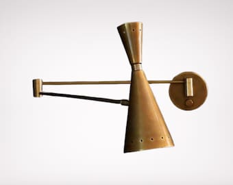 Mid Century Brass Swing Arm Wall Sconce: Adjustable Bedside Lamp Reading Light