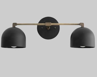 Mid Century Modern Vanity Light: Black Dome Shade, Brass Wall Sconce