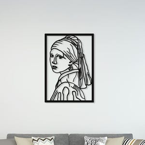 真珠の耳飾りの少女のメタルウォールアート – 古典絵画の現代的線画的解釈