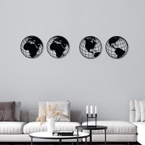 Décoration murale en métal, carte du monde, 4 pièces - Ensemble de globes modernes - Décoration d'intérieur découpée CNC inspirée du voyage