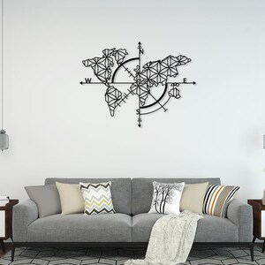 Geometrische Weltkarte mit Kompass Metallwandkunst - Modernes Reisedekor - CNC-Schnittstahldesign