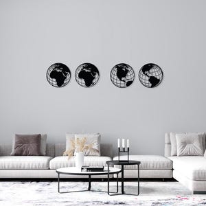 4-Piece World Map Metal Wall Art – Modern Globe Set – Travel-Inspired CNC Cut Home Decor