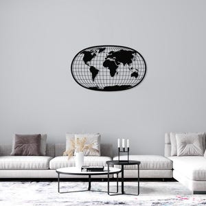 Ovale Weltkarte Metallwandkunst - Minimalistisches Reise-inspiriertes Dekor - CNC-geschnittenes Stahldesign