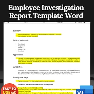 Może przedstawiać: Wyświetlany jest dokument cyfrowy zatytułowany „Employee Investigation Report Template Word”. Dokument zawiera sekcje dotyczące podsumowania, tabeli osób, powołania, jurysdykcji i etapów dochodzenia. Widoczna jest ikona programu Microsoft Word.