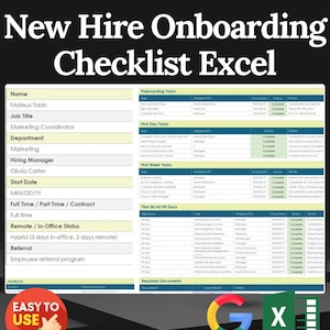 May include: A digital checklist titled "New Hire Onboarding Checklist Excel" with a green and white colour scheme. The checklist includes sections for preboarding, first day, and first week tasks. The image also includes the text "Easy to Use" and logos for Google, Excel, and Microsoft.