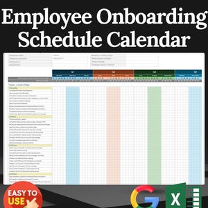 May include: Employee Onboarding Schedule Calendar with a grid layout. The calendar includes sections for employee information, tasks, and activities. The words "Easy to Use" are in a red circle. Google, Excel, and other icons are at the bottom.