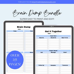 Peut inclure: Ensemble de planificateurs numériques imprimables avec les textes "Brain Dump Bundle" et "Get It Together". Les pages comportent des sections pour les tâches, les notes et la planification. Le lot comprend plus de 25 pages.