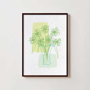 Impresión artística lineal de un florero enmarcado: Ilustración floral minimalista dibujada a mano: «Florero, Composición A / blanco»