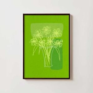 Lámina artística de florero enmarcada – Ilustración floral minimalista dibujada a mano – «Florero, Composición A / verde»