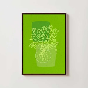Lámina artística de florero enmarcada – Ilustración floral minimalista dibujada a mano – «Florero, Composición D / verde»