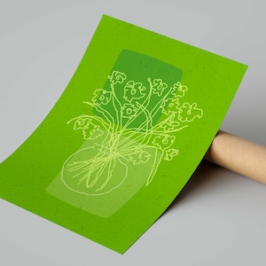 Impresión artística lineal de florero sin marco – Ilustración floral minimalista dibujada a mano – &quot;Composición D / verde&quot;