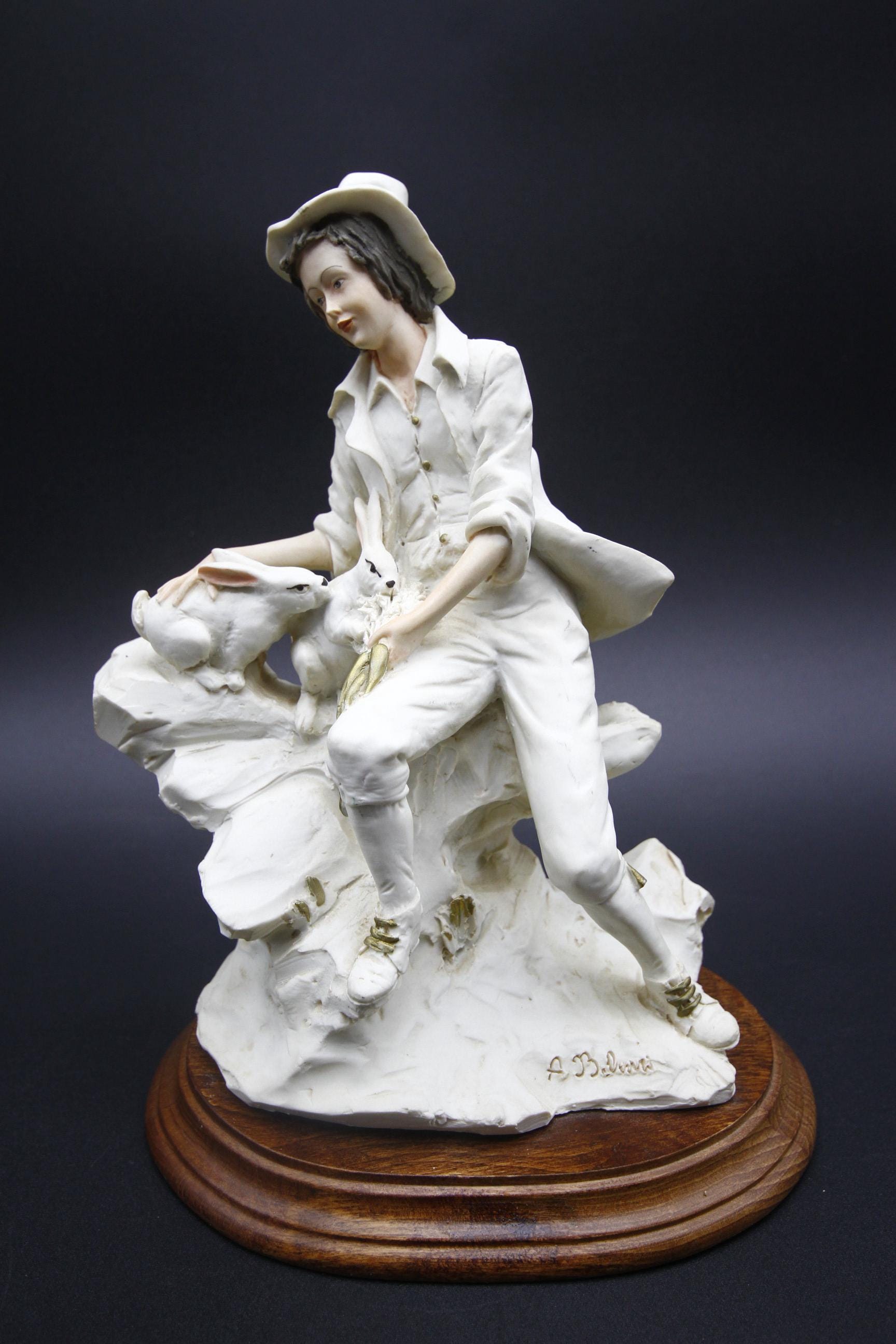 A. Belcari Boy With Rabbits Capodimonte Figurine Vintage Signed 9