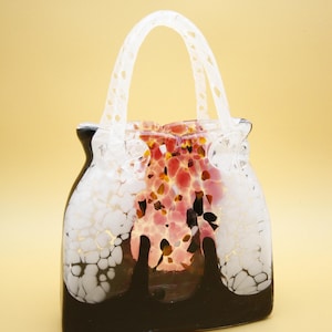 Art Glass Purse Vase Vintage Murano Style Hand Blown Pink White Heavy 12 1/2&quot; h