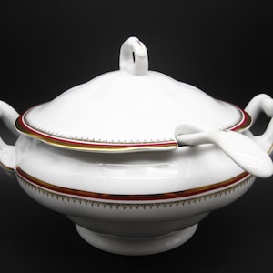 Vintage Favolina Poland Soup Tureen with Ladle: Red & Gold Trim