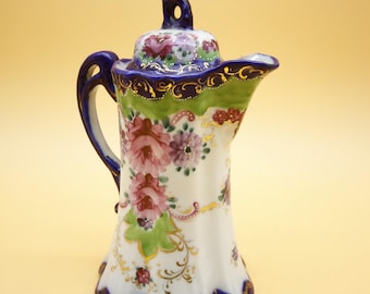Nipon Japan Floral Chocolate Pot in Porcelain Cobalt Blue Hand Painted 9" h