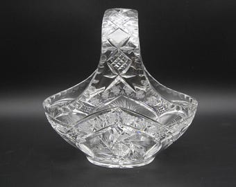 Vintage Large Pinwheel Cut Crystal Basket Star Diamond Pattern Hand Cut 10" h