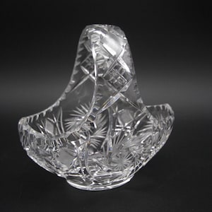 Bohemian Lead Crystal Basket Hand Cut Pinwheel Stars Diamonds 7&quot; h Vintage