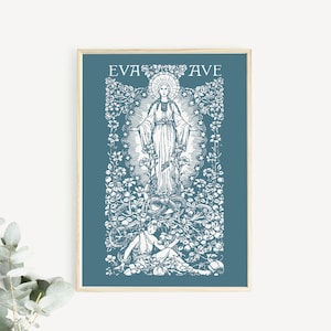 Eva to Ave Marian Garden Annunciation Print, Hail Mary vintage print, mother&#39;s day print catholic print, Blessed Mother, Mary art poster