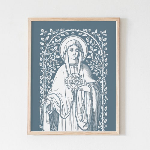 Immaculate Heart of Mary Floral Art Print, Heart of Mary vintage, vintage Catholic art print, Catholic wall art, heart of Mary, Catholic