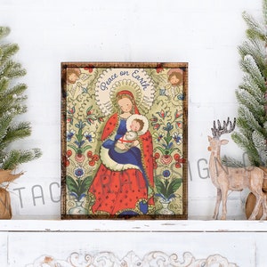 Folk Madonna and Child, Vintage Catholic Art, Jesus Mary Art Print, Catholic Christmas Decor, Advent, Christmas decor, vintage art