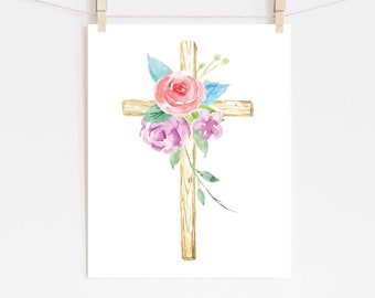 PRINTABLE: Floral Wooden Cross Printable Wall Art Easter Wall Decor Printable Catholic Easter Printable Catholic christian art, home decor