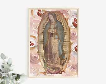Our Lady of Guadalupe Art Print: Watercolor Roses, Catholic Marian Art