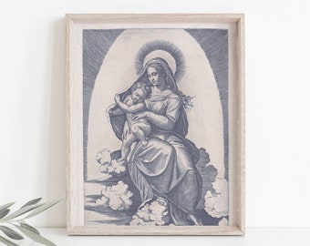 Vintage Madonna y niño estilo vintage impresión de arte católico, arte mariano, regalo católico, arte católico, regalo católico, impresión de María, Navidad