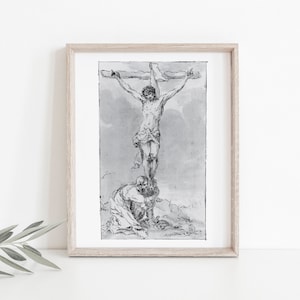 St. Mary Magdalene at foot of the cross, Crucifixion, Lent Art, Liturgical, Catholic art, Catholic print, Vintage Catholic Lent art decor