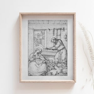 St. Joseph the Worker, Holy Family Workshop scene, Catholic art print, Confirmation gift, Home Decor, Saint Print, saint poster, home decor