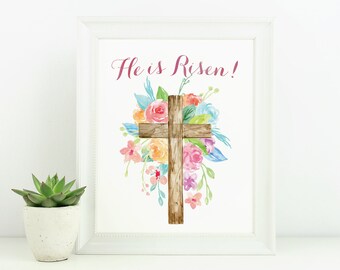 PRINTABLE: Floral "He is Risen" Printable Wall Art Easter Wall Decor Printable Catholic Easter Printable Catholic christian art, home decor