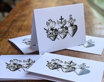 three hearts notecard and envelope stationery, Set of 5 - Holy Family Note Cards- Hearts of Jesus Mary and Joseph - Catholic  greeting cards