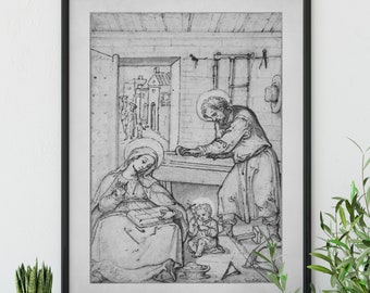 St. Joseph the Worker, Holy Family Workshop scene, Catholic art print, Confirmation gift, Home Decor, Saint Print, saint poster, home decor