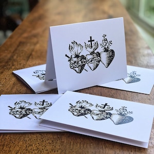 Cartes de correspondance et enveloppes trois coeurs, lot de 5 - Cartes de correspondance de la Sainte Famille - Cœurs de Jésus-Marie et de Joseph - Cartes de voeux catholiques