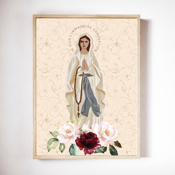 Our Lady of Lourdes Marian Art Print, Hail Mary print, Marian Consecration gift, Blessed Mother poster, Marian poster, catholic, Rosary art