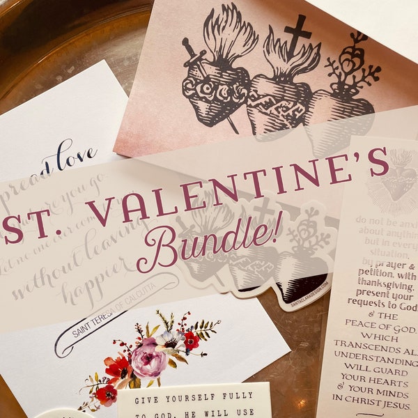 St. Valentine's Love Bundle, Catholic Saint Prayer, Family discount bundle, art, prints, confirmation, holy family heart notecard gift set