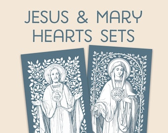 Jesus and Mary Hearts Set of Two Prints in Blue, Set of 2 prints, frame not included, three sizes, ordination, confirmation, gift