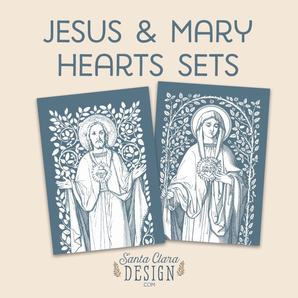 Jesus and Mary Hearts Set of Two Prints in Blue, Set of 2 prints, frame not included, three sizes, ordination, confirmation, gift