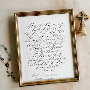 Hail Mary Hand Lettered Catholic Print, Marian Art Calligraphy, Catholic Prayer Print,Home Decor Mary Quote Art, Catholic Farmhouse print