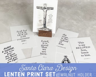 Lent Print Set with Wood Holder, Set of 10 Prints, Catholic print prayer pack with walnut holder, lenten desktop display cards, confirmation