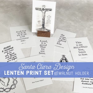 Lent Print Set with Wood Holder, Set of 10 Prints, Catholic print prayer pack with walnut holder, lenten desktop display cards, confirmation image 1