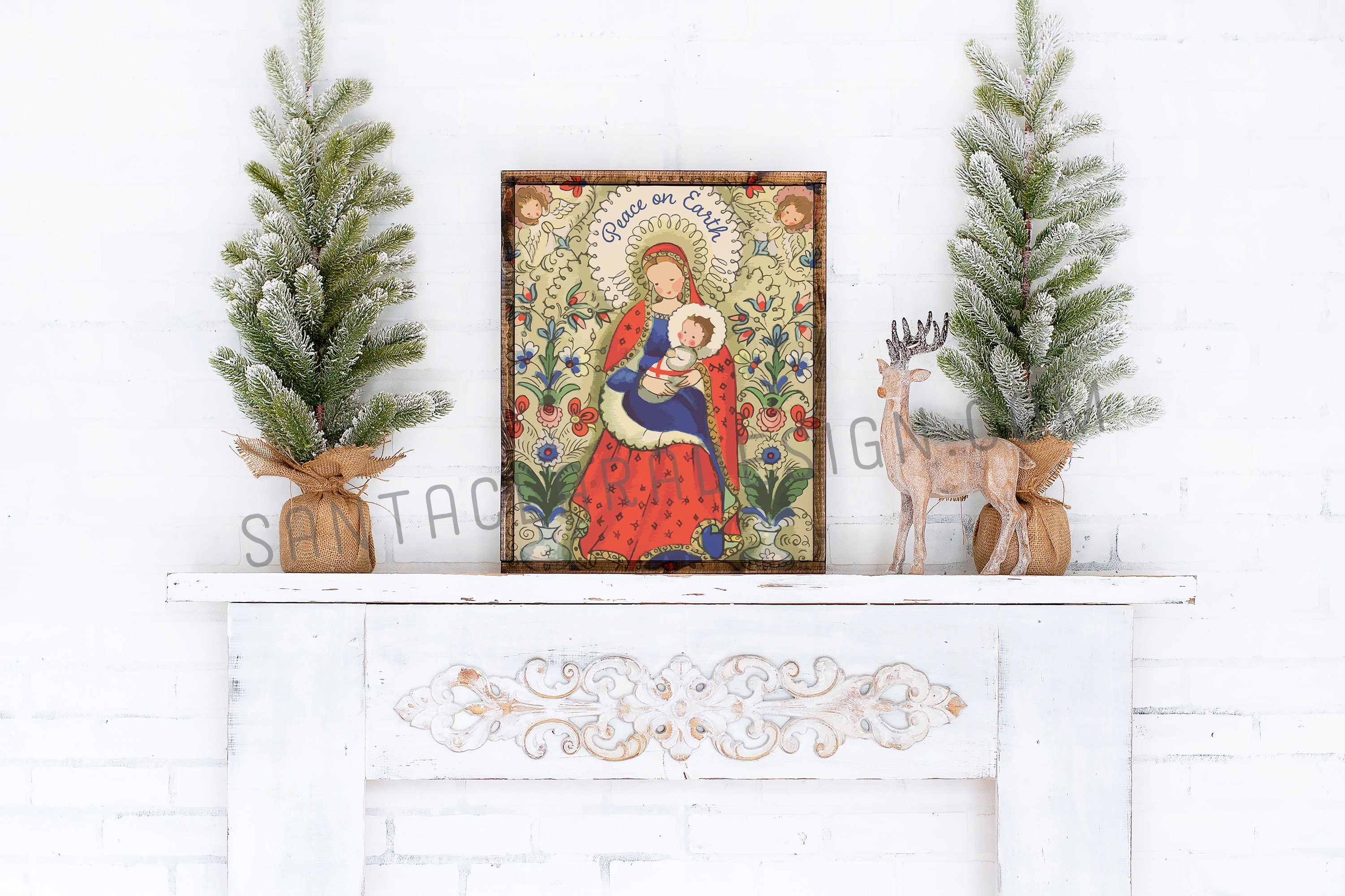 Folk Madonna and Child Art Print: Vintage Catholic Christmas Decor