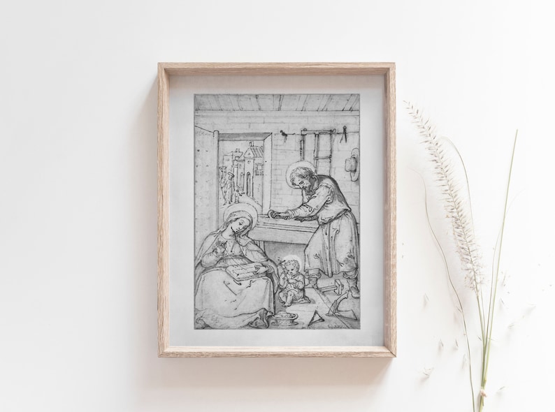 St. Joseph the Worker, Holy Family Workshop scene, Catholic art print, Confirmation gift, Home Decor, Saint Print, saint poster, home decor