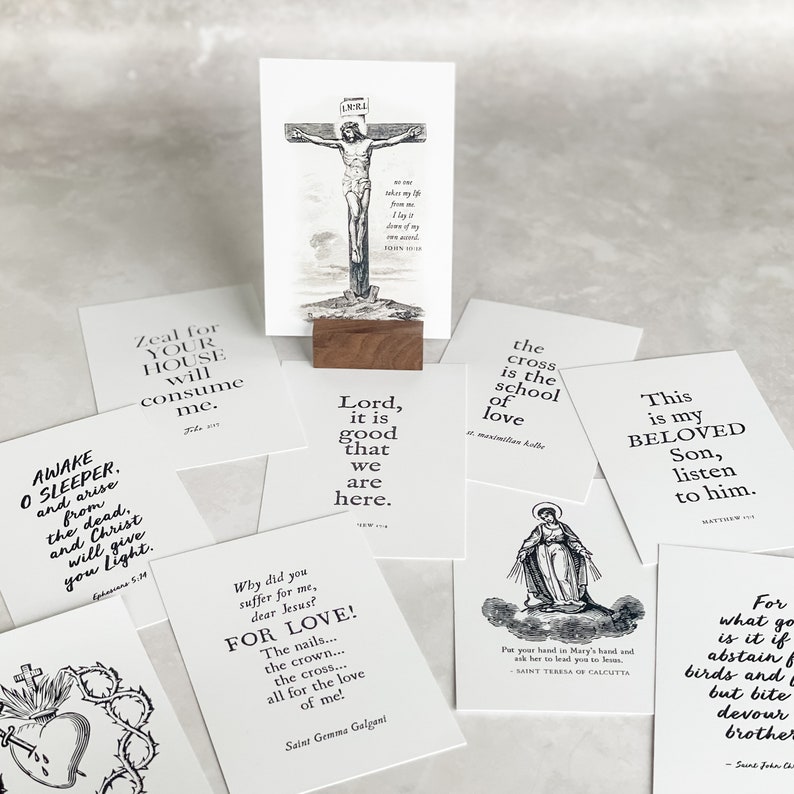 Lent Print Set with Wood Holder, Set of 10 Prints, Catholic print prayer pack with walnut holder, lenten desktop display cards, confirmation image 10